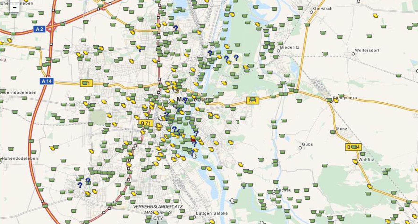 Karte mit Geocaches in Magdeburg